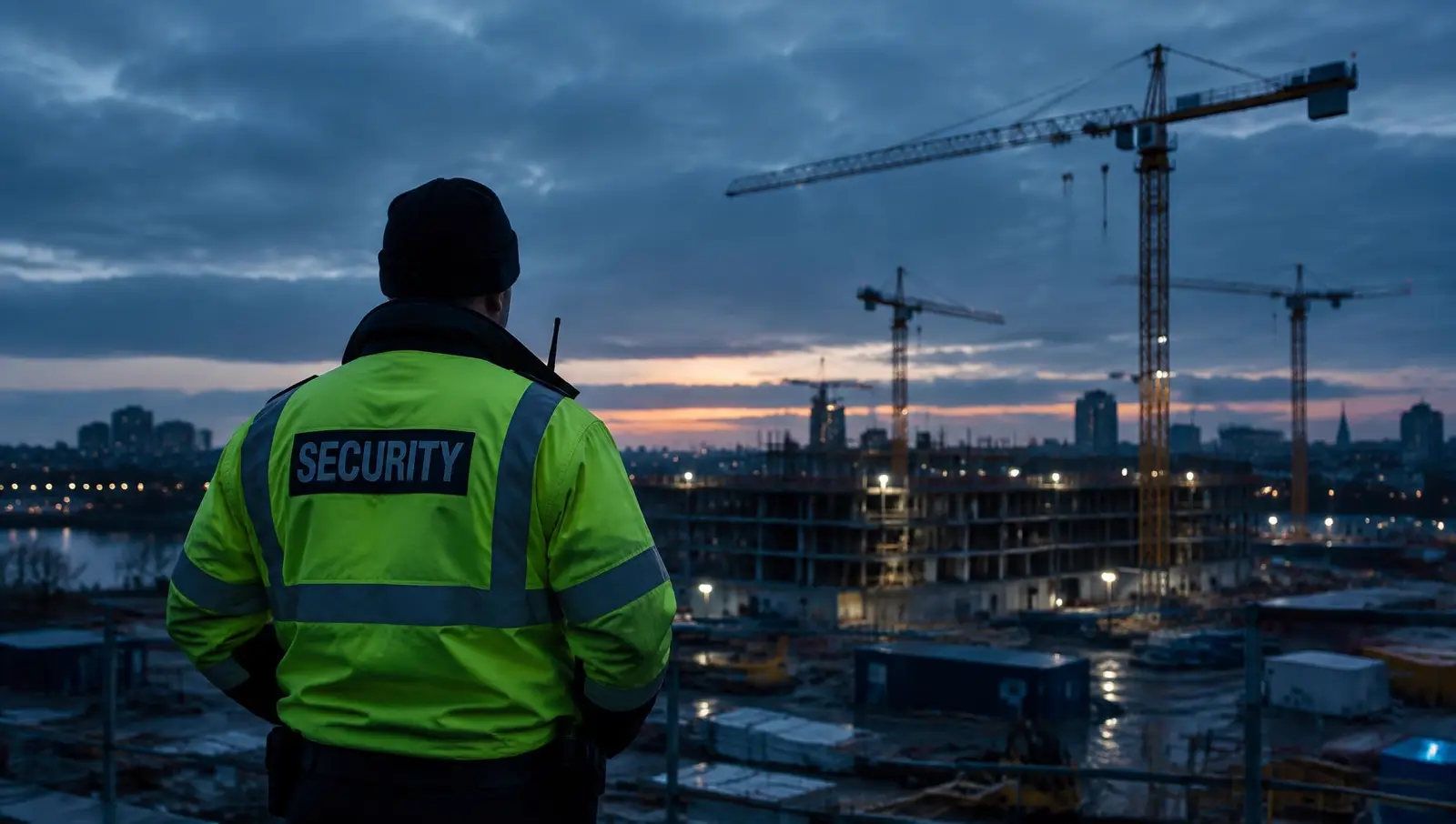 Security officer overlooking a construction site at dusk